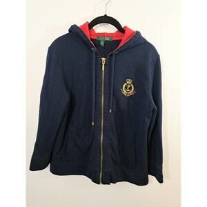 Lauren Ralph Lauren Women's Navy Blue Full Zip Sweatshirt Size Large 3/4 Sleeve